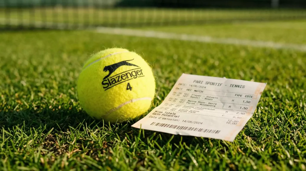 Balle de tennis posée sur gazon à côté d'un ticket de pari sportif