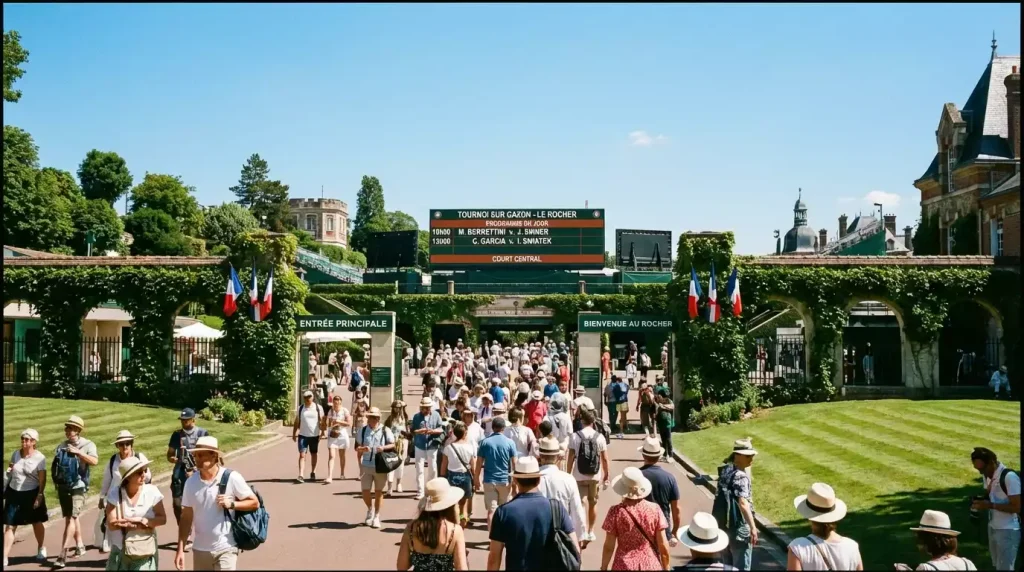 Vue panoramique du All England Club avec le programme des matchs affiché