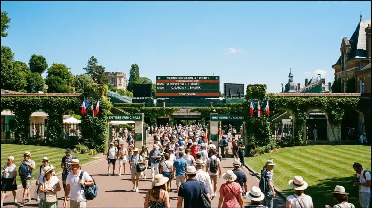 Vue panoramique du All England Club avec le programme des matchs affiché