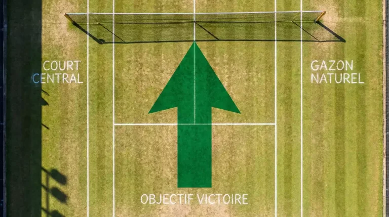 Flèche verte montante superposée à un court de tennis en gazon symbolisant un boost de cote