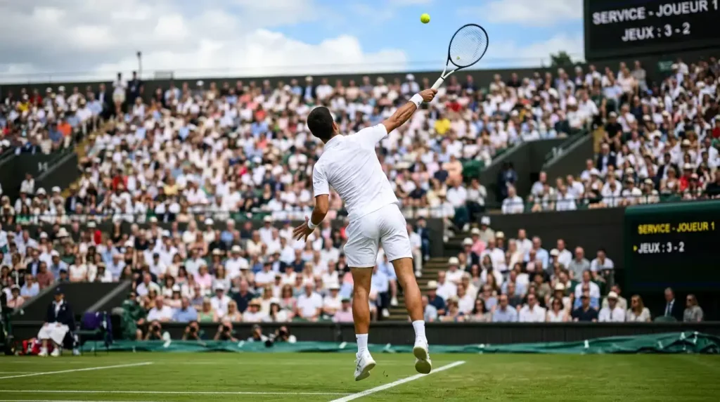 Joueur de tennis en plein service sur le gazon de Wimbledon pendant un match du tableau principal