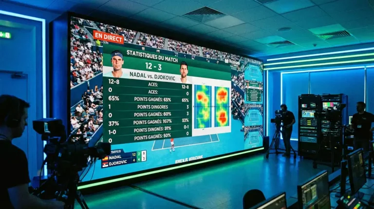 Écran de données statistiques de tennis en temps réel pendant un match sur gazon