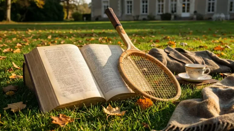Raquette de tennis posée sur gazon à côté d'un lexique ouvert