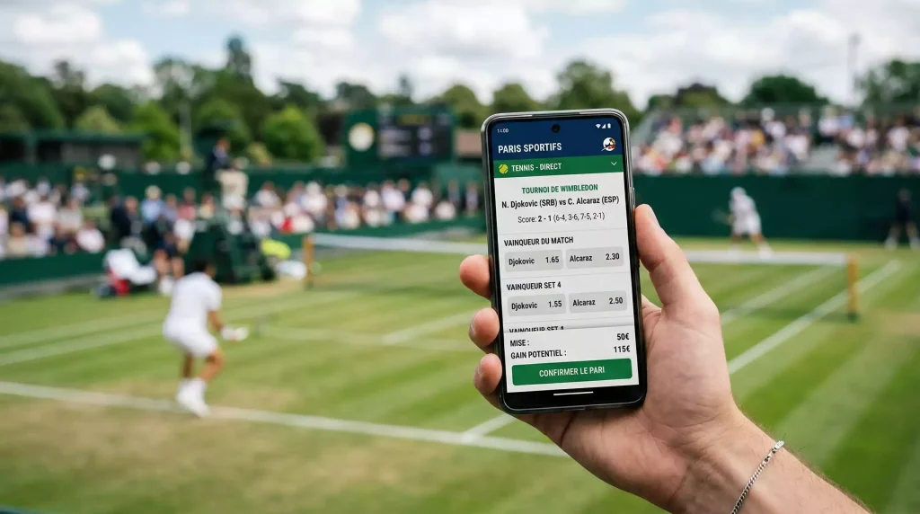 Smartphone affichant une application de paris sportifs devant un court de tennis sur gazon