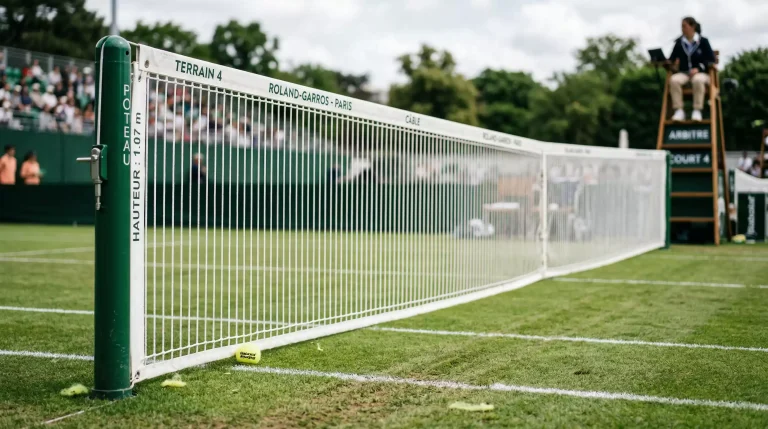 Filet de tennis vu de près sur un court en gazon avec arbitre en arrière-plan