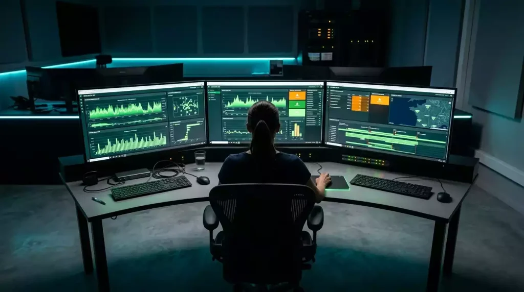 Salle de contrôle avec écrans de surveillance des flux de données de paris sportifs sur le tennis