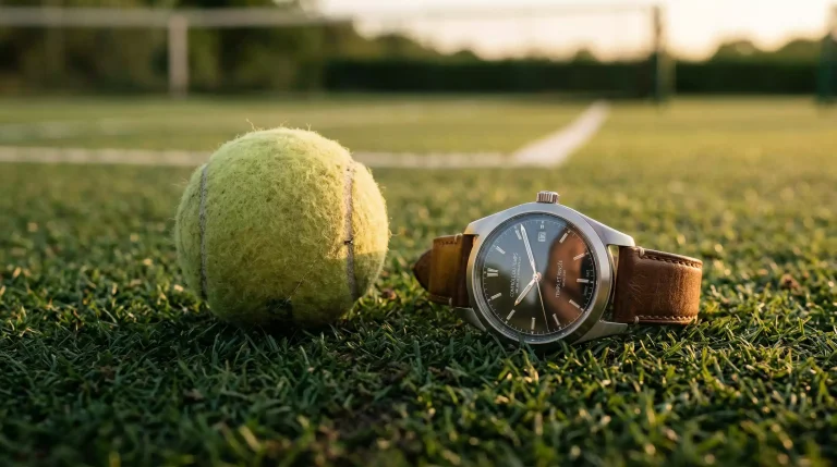 Main posant une balle de tennis à côté d'un chronomètre symbolisant le contrôle du temps de jeu