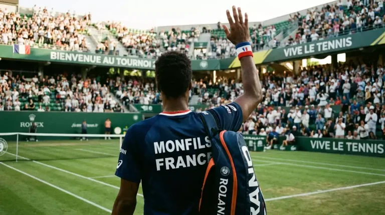 Joueur de tennis français saluant le public sur le gazon de Wimbledon