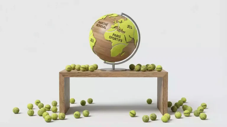 Globe terrestre stylisé entouré de courts de tennis symbolisant le marché mondial