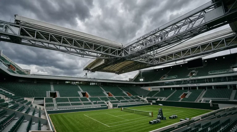 Toit rétractable du Centre Court de Wimbledon fermé sous un ciel nuageux