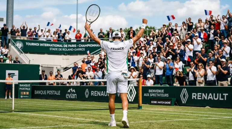 Joueur de tennis célébrant une victoire surprise sur un court en gazon