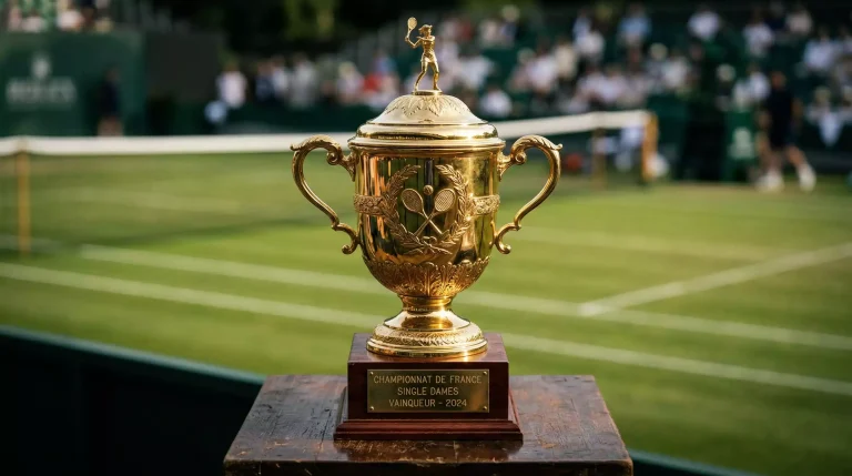 Trophée doré de Wimbledon exposé devant le Centre Court