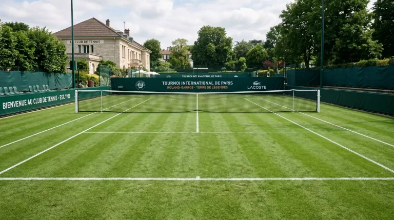 Court de tennis en gazon vu depuis la ligne de fond avec le filet au centre