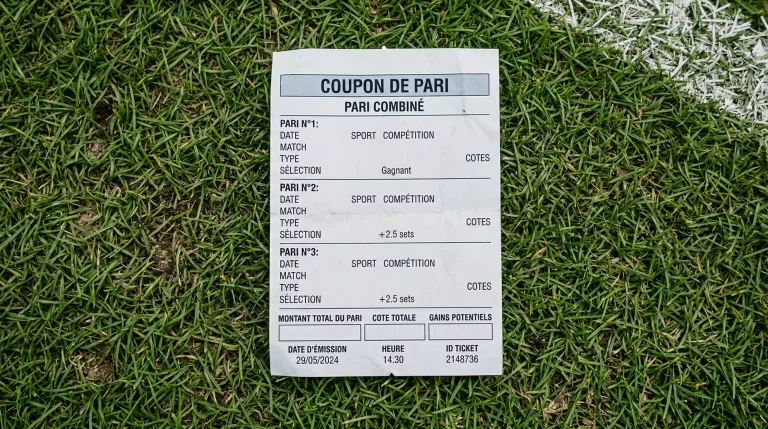 Coupon de pari sportif multiple posé sur une surface en gazon de tennis