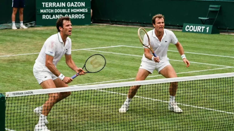 Deux joueurs de double au filet sur un court en gazon de Wimbledon