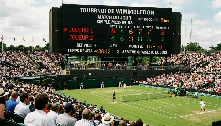 Tableau d'affichage des scores d'un match de tennis sur gazon en cinq sets
