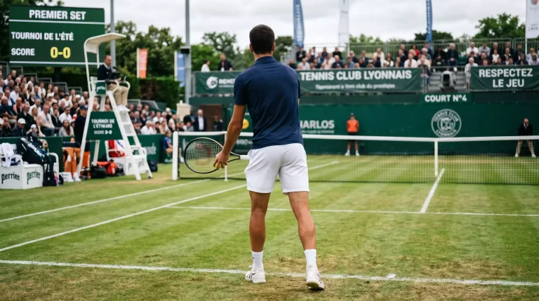 Joueur de tennis concentré au moment du premier service sur gazon