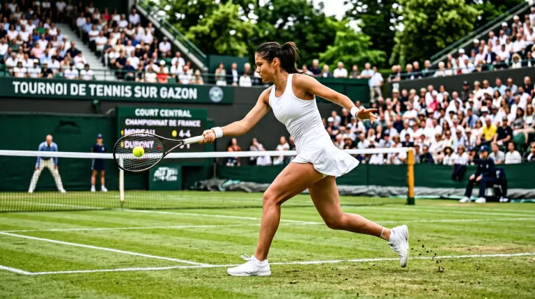 Joueuse de tennis en action sur le gazon de Wimbledon