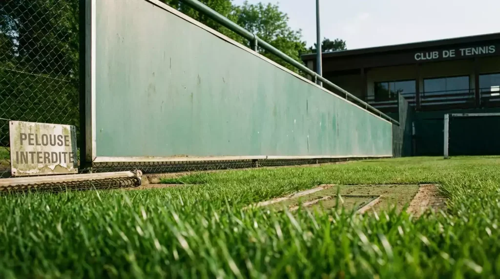Panneau publicitaire en bordure d'un court de tennis en gazon