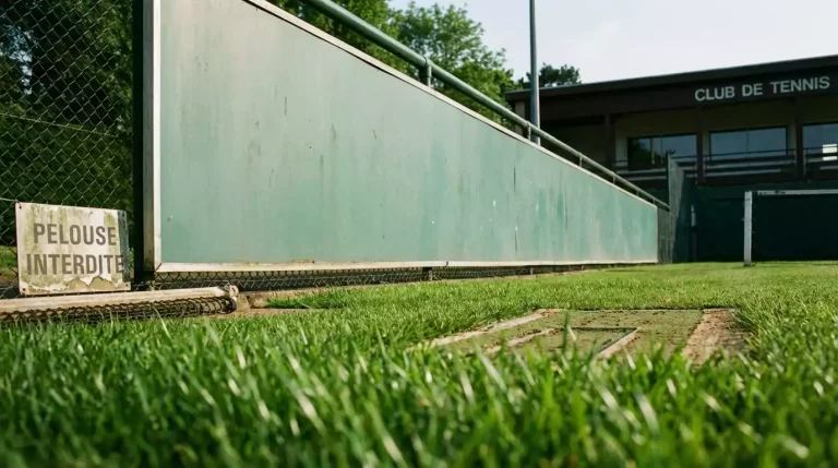 Panneau publicitaire en bordure d'un court de tennis en gazon