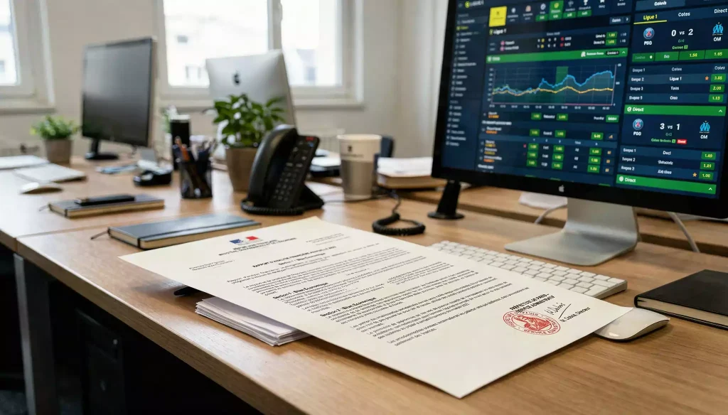 Document officiel portant le logo ANJ posé sur un bureau à côté d'un écran de cotes