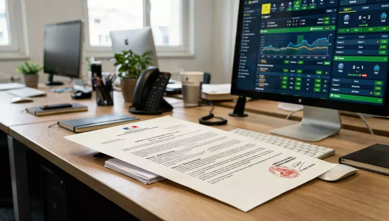 Document officiel portant le logo ANJ posé sur un bureau à côté d'un écran de cotes