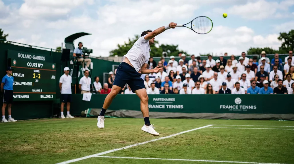 Joueur de tennis effectuant un service puissant sur un court en gazon