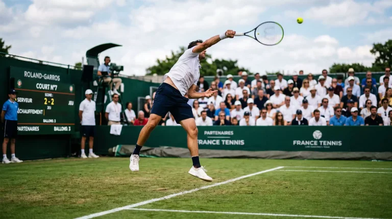 Joueur de tennis effectuant un service puissant sur un court en gazon
