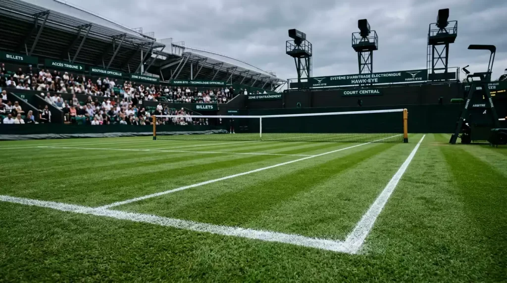 Court de Wimbledon avec gazon tondu et lignes blanches avant un match du Championships